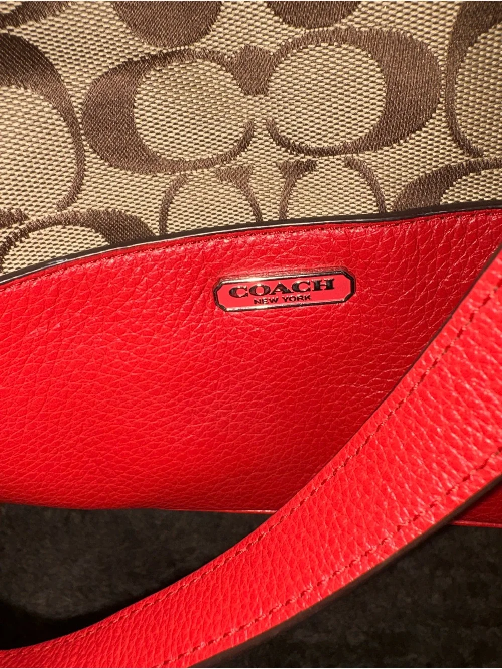 Coach Brown Signature Canvas Shoulder Bag with orange/red Trim